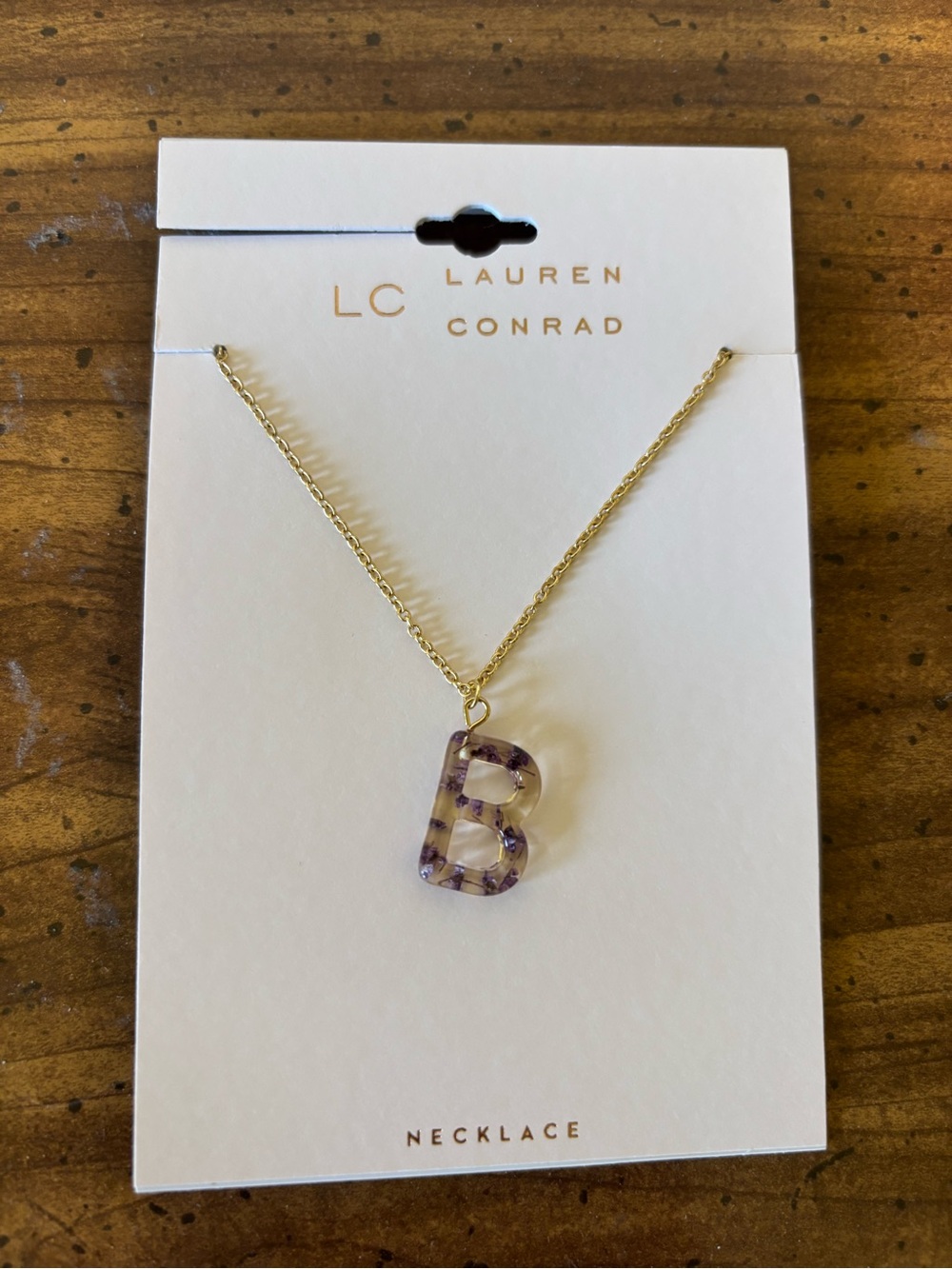 LC Lauren Conrad Gold Chain Necklace with Purple floral Patterned 'B' Pendant